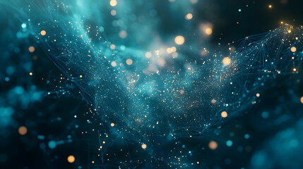 Fototapeta premium A dreamy composition of floating blue and teal particles, resembling a galaxy or underwater bioluminescence.