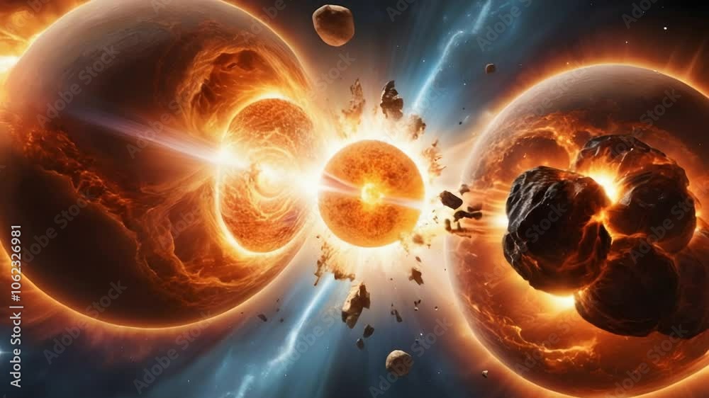 Poster Dramatic Collision of Two Large Glowing Objects Surrounded by Explosive Light Bursts for Sci-Fi and Fantasy Applications