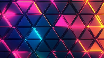 A textured grid of neon-colored triangles with glowing edges, layered in a modern, futuristic style.