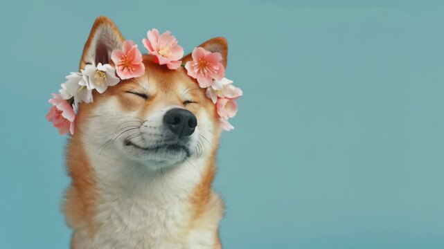 Happy Shiba Inu dog with flower crown isolated on blue background. Cute pet wearing wreath of flowers. Spring nature beauty.