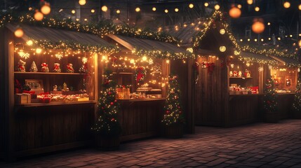 Obraz premium Christmas joyful holiday market patterns with booths and lights