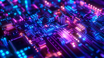 Obraz premium A detailed futuristic circuit board with glowing blue and purple neon lights highlighting the interconnected pathways.