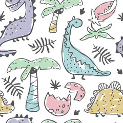 Fototapeta premium Seamless pattern with doodle dinosaurs, cracked eggs, and tropical plants, colored with marker strokes. Black outline and colorful fill on a white background. Great for kids clothing, playful decor.