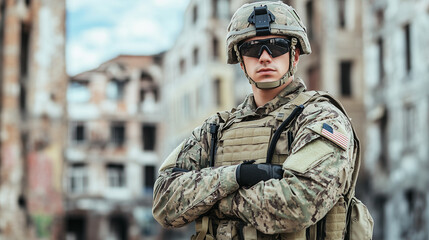 Fototapeta premium American military man in beige uniform, body armor, and helmet standing against a background of a destroyed city with copy space