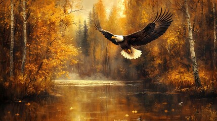 Fototapeta premium A majestic bald eagle soaring over the autumnal forest and lake, with its wings spread wide as it flies gracefully in mid-flight