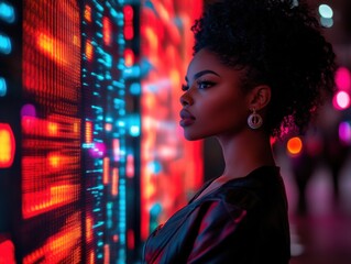 A young woman gazes at a digital wall of vibrant, illuminated codes and symbols, representing cyber security concepts.