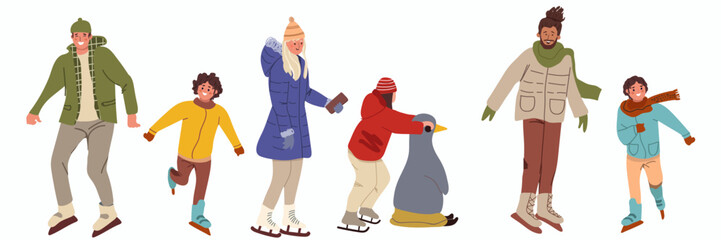 People set skating on ice rink. Family on skates, winter holiday skating activity. Christmas time outdoor. Flat vector characters. Hand drawn illustration.