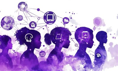 Silhouettes of children emerge, showcasing a blossoming network of connections above their heads, all rendered in a whimsical watercolor style - Powered by Adobe