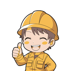 anime chibi cartoon boy construction worker in yellow helmet and uniform smiling and showing thumb up, isolated on white background