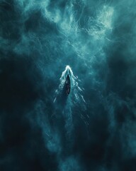 Obraz premium Small Boat in Ocean from Drone Perspective