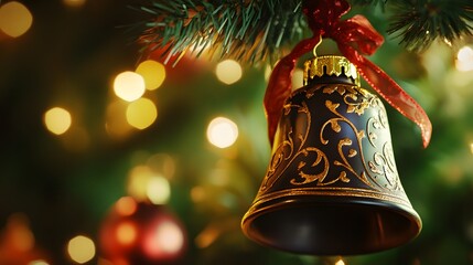 Christmas bell with ornate designs and a ribbon
