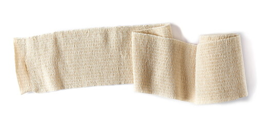 Elastic medical bandage roll, first aid isolated on white, top view