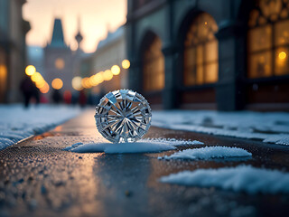 Winter romantic walk through Christmas Prague. Beautiful vintage snow-covered streets with festive...