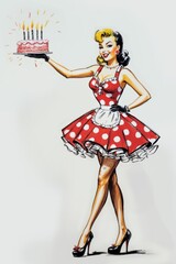 Nostalgic Birthday Card with Pin-Up Girl Holding Cake with Candles &ndash; Fun Vintage Illustration on White