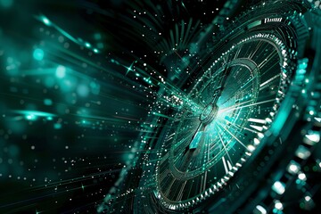Digital teal clock face with futuristic light trails on dark background, symbolizing time and technology.