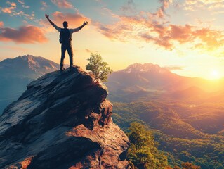 A man stands triumphantly on a mountain summit, arms wide open, with a breathtaking sunrise casting warm hues across the landscape.
