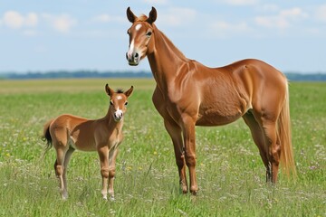 Fototapeta premium Young foal with mother in wildflower-dotted field