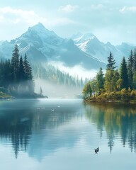 Serene lakeside scene with a calm reflection the surrounding forest and distant snow-capped mountains
