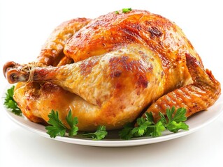 A golden brown roasted turkey sits on a white plate, garnished with fresh parsley. The turkey is beautifully cooked, showcasing a crispy, appetizing skin.