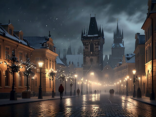 Winter romantic walk through Christmas Prague. Beautiful vintage snow-covered streets with festive...