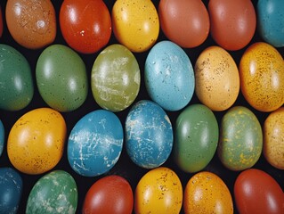A vibrant collection of colorful Easter eggs, featuring a variety of textures and patterns, arranged neatly against a dark background.