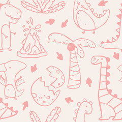Dino vector seamless pattern with hand drawn dinosaurs, broken eggs and tropical plants. Contours on a pink background. Ideal for baby textiles and decor.