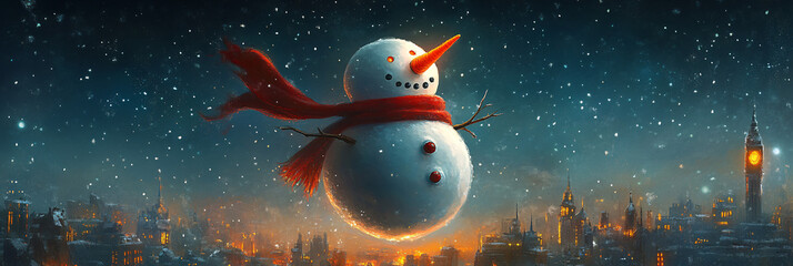 Giant Snowman Wearing a Red Scarf Floating Above a Cityscape, His Carrot Nose Glowing Like a Lantern 