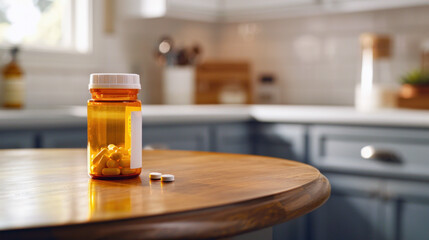 An amber pill bottle with a white label is placed on a wooden table in a well-lit kitchen, emphasizing a homely and safe environment.