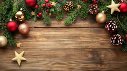Christmas background with decorations along the edges. Christmas tree branches, gold glitter balls, stars, and garland. Flat lay, top view on a dark background with copy space.