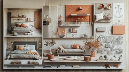 A mood board with a minimalist design aesthetic featuring a living room, bedroom, and a variety of textures, materials, and colors.