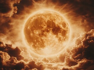 A dramatic cinematic view of a red full moon glowing intensely amidst swirling clouds, creating a mystical and awe-inspiring night scene.