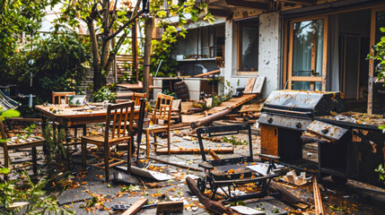 Naklejka premium An extensively damaged backyard with furniture and a grill scattered in disarray among fallen leaves and branches after a severe storm.