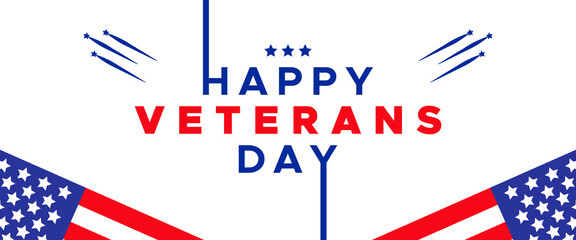 Happy Veterans Day typography lettering text with fireworks stars with United States of America flag for celebration 