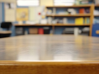 A smooth wooden table surface with a blurred office background, conveying a calm and professional atmosphere.