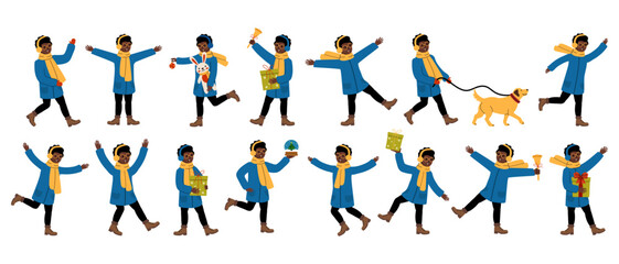A joyful child in a blue coat and yellow scarf enjoys winter activities with a dog and festive items