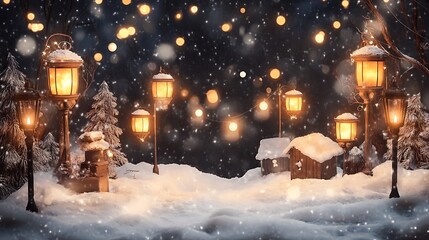 Obraz premium Christmas snowy scene with lanterns