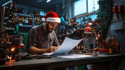 A man in a Santa hat reviews blueprints in a cozy workshop adorned for the holidays during winter evenings