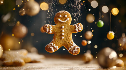 Gingerbread Man Floating in Mid-Air, Surrounded by Icing and Gumdrop Decorations Suspended Around Him 