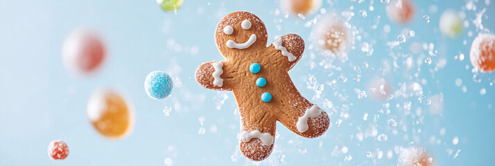 Gingerbread Man Floating in Mid-Air, Surrounded by Icing and Gumdrop Decorations Suspended Around Him 