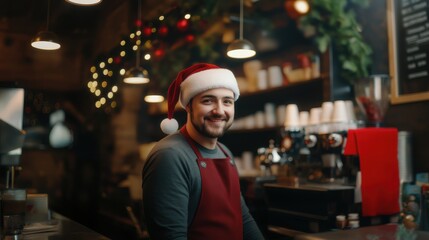 Barista wearing a Santa hat serves coffee in festive café during holiday season with decorations and warm atmosphere