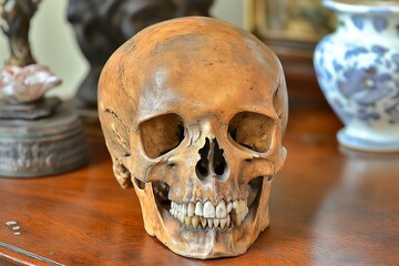 Detailed examination of a human skull displayed on a wooden surface