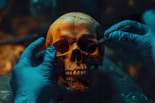 Exploring autopsy techniques on a human skull in a dimly lit lab