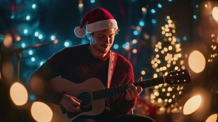Obraz premium Young musician wears a Santa hat while playing guitar amidst festive holiday decorations and lights at a winter gathering