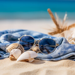 Stylish sunglasses on a sandy beach with seashells and a blue scarf, evoking a relaxing summer vibe.
