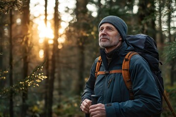 An older man in warm outdoor gear enjoys a peaceful moment while hiking through a forest at sunset, immersed in nature\'s beauty