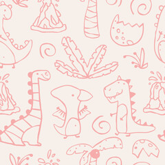 Dino vector seamless pattern with hand drawn dinosaurs, broken eggs and tropical plants. Contours on a pink background. Ideal for baby textiles and decor.