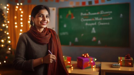 A cheerful teacher stands by colorful gifts in a decorated classroom during the festive holiday season