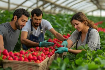 Harvesting fresh strawberries in a thriving greenhouse with dedicated workers picking ripe fruit under the warm sunlight