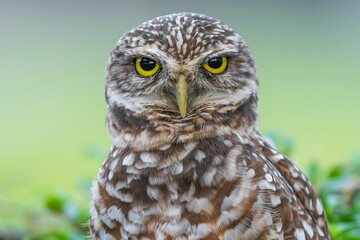 Close-up of a burrowing owl with striking yellow eyes