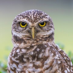 Close-up of a burrowing owl with yellow eyes